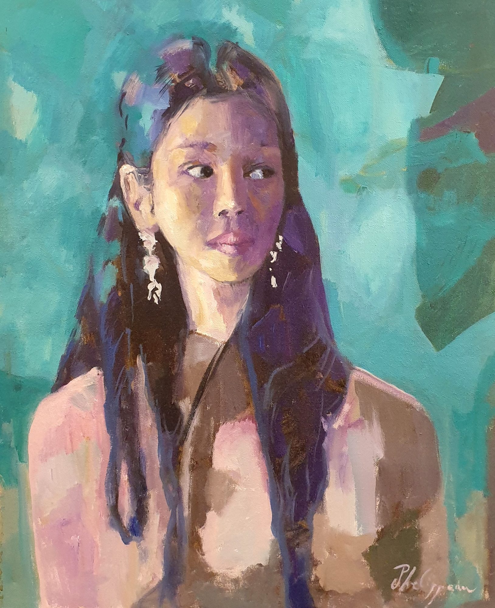 L'éclat de bleu dans les cheveux, peinture de Michel Phelippeau