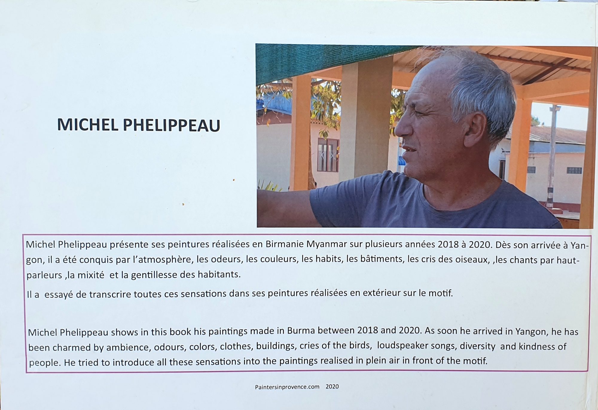 Quatrième de couverture du livre Senteurs picturales en Birmanie, portrait de Michel Phelippeau